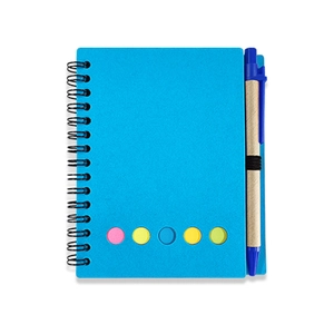 Blaues Spiralnotizbuch-Set mit Kugelschreiber und bunten runden Haftnotizen
