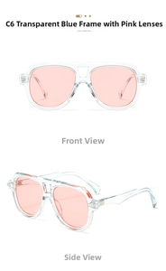 Front and side views of C6 pilot sunglasses with trans-blue frame and pink lenses
