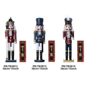 Three 38cm wooden nutcracker soldiers in red, blue, and gold with packaging boxes