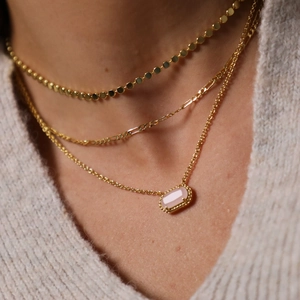 Three-layer gold necklace set featuring flat disc chain and pink quartz rectangle pendant