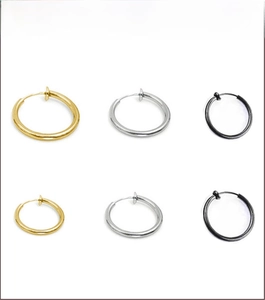 Three colors of 18K stainless steel non-pierced clip-on hoop earrings in two sizes