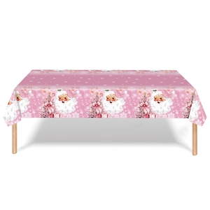 Pink Christmas tablecloth featuring Santa Claus and tree patterns for party decoration