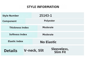 Detailed size chart for V-neck sleeveless dress with polyester material and slim fit specs
