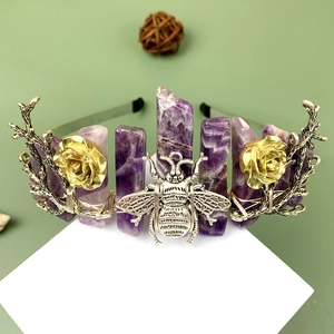 Natural amethyst crystal crown headband with silver bee and gold rose flower details