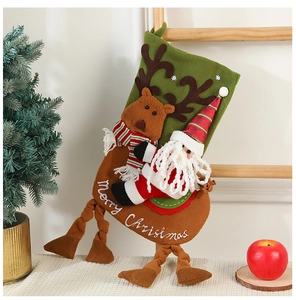 Detail of Christmas stocking featuring 3D Santa and Reindeer with Merry Christmas embroidery