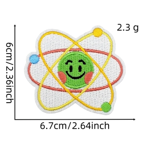 Cartoon atom embroidered iron-on patch with smiley face for children's clothing, 6.7x6cm