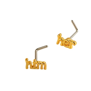 L-shaped gold nose studs set with engraved Him and Her lettering on white background