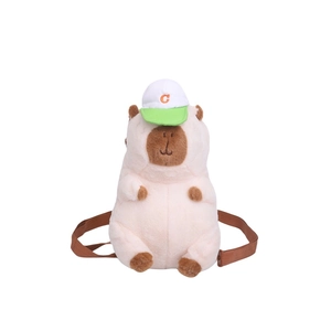 Pink plush capybara backpack with a white and green baseball cap and brown straps