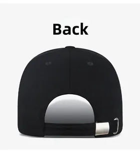 Back view of black cotton baseball cap showing adjustable silver metal buckle and stitching
