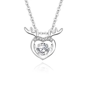925 Sterling Silver Dancing Moissanite Zirconia Heart Antler Pendant Necklace For Women White Gold Rose Gold Jewelry