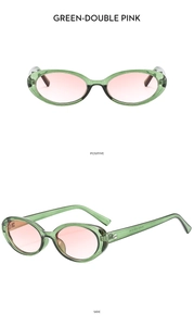 Detail views of vintage oval sunglasses with green frames and pink gradient lenses