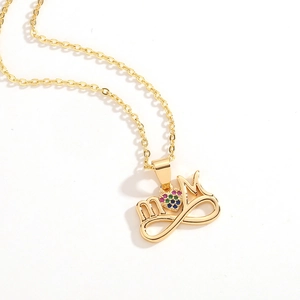 Gold MOM necklace with infinity symbol and multi-color heart crystals for women