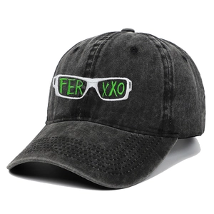 Distressed dark grey washed cotton baseball cap with green FERXXO embroidery
