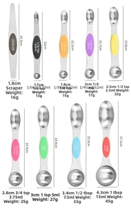 Detailed size chart for 9-piece stainless steel measuring spoon set with leveler tool