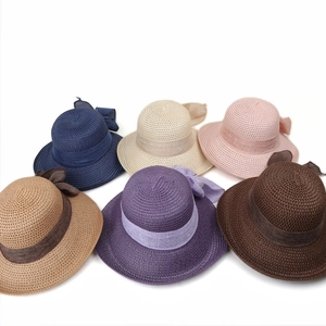 Women's summer straw sun hats with elegant large bows in six assorted stylish colors