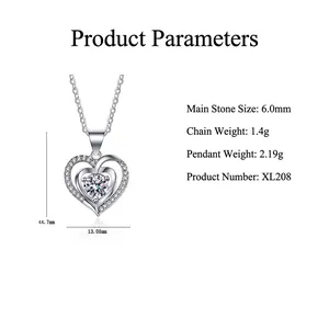 Collana con pendente a cuore in argento S925 con moissanite da 6,0 mm e pavé