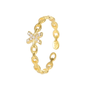 S925 silver open ring in gold with X-cross pattern and micro-set zircon stones
