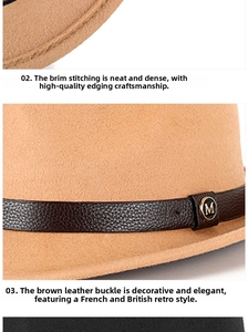 Detail of wool fedora hat with brown leather strap and metallic M buckle ornament