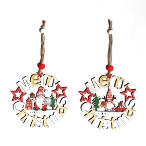 Set of two round wooden Merry Christmas ornaments with painted gnomes and stars