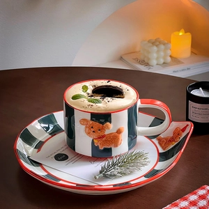 Cute ceramic coffee mug set with hand-painted puppy pattern and black white stripes