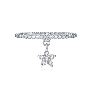 S925 sterling silver beaded ring with sparkling moissanite star charm on white background
