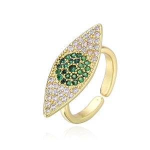 Hip hop evil eye open ring in gold finish with green and clear cubic zirconia stones