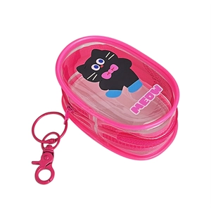 Cute transparent PVC mini storage pouch with black cat cartoon print and pink trim handle