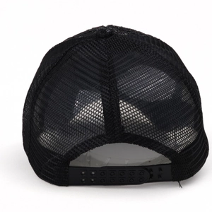 Black mesh trucker hat with adjustable snapback closure for outdoor sports sun protection