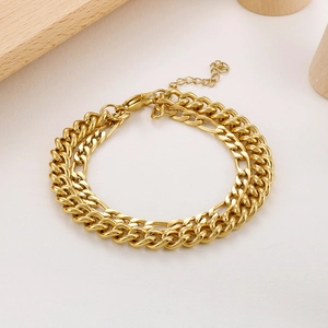Fashionable double-layer gold stainless steel cuban link bracelet with adjustable lobster clasp