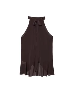 Detail of dark brown chiffon halter top featuring tie-neck bow and ruffled hemline