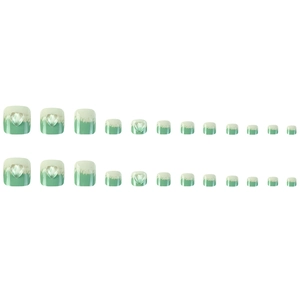 Detail view of 24pcs green gradient press-on toenails with 3D heart charms and glossy finish