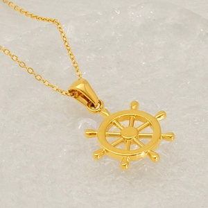 Elegant gold stainless steel ship wheel necklace for women with maritime compass pendant