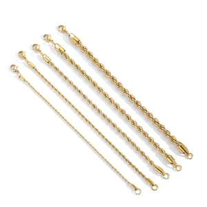 Set of five gold stainless steel rope chain bracelets in 2mm to 6mm sizes with lobster clasp