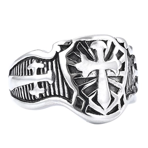 Vintage two-tone stainless steel cross shield ring with engraved relief detail for men