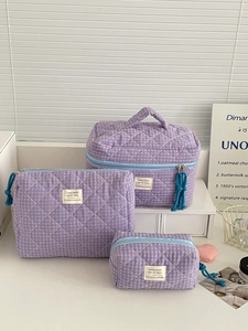 Checkered Quilted Cotton Makeup Bag Portable Handheld Travel Wash Pouch Simple Cosmetic Organizer Large Capacity Storage