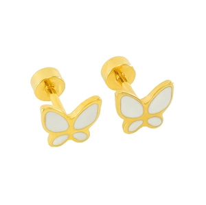 Detail of gold butterfly stud earrings with white enamel and secure screw back closure