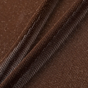 Detail view of brown metallic mesh fabric with shimmering texture and micro-grid weave
