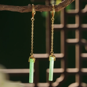Retro Chinese style gold tassel earrings with emerald green stones and 925 silver hooks