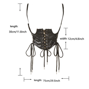 Detailed dimensions of black faux leather corset belt with lace-up front and shoulder straps