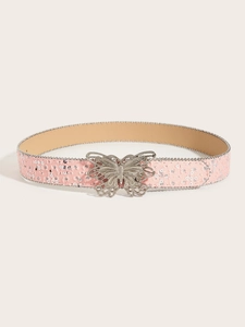 Detail of pink sequin canvas belt with silver butterfly buckle and sparkling texture