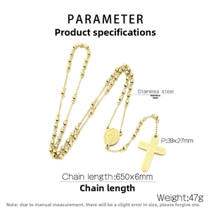 Detailed specs for gold stainless steel rosary cross necklace with 39x27mm pendant size