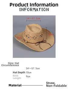 Size chart for western straw cowboy hat featuring shell band and detailed dimensions