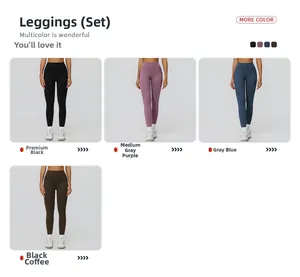 Dettaglio dei leggings yoga a vita alta nei colori nero, viola, blu e marrone