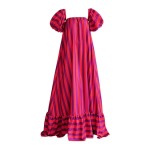 Orange vertical striped puff sleeve maxi beach dress with square neck and ruffle hem