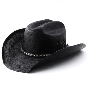 Detail of woven straw cowboy hat featuring brass eyelets and geometric patterned band