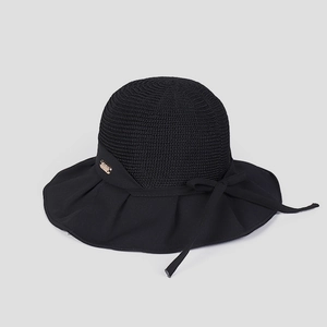 Detail of black knit sun hat with elegant bow and wide brim showing fine texture