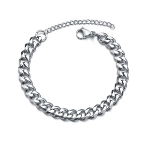 Polished silver stainless steel Cuban link bracelet with lobster clasp on white background