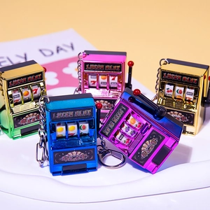 Mini Slot Machine Keychain Playable Lucky Casino Fruit Game Toy Mechanical Lever Electroplated Novelty Handbag Pendant