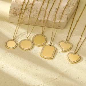 Fashion Stainless Steel Geometric Heart Round Pave Rhinestone Pendant Necklace Gold Plated Minimalist Jewelry For Women