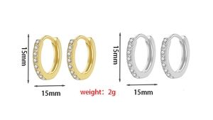 Detail view of 15mm gold and silver hoop earrings with zircon pavé, weight 2g